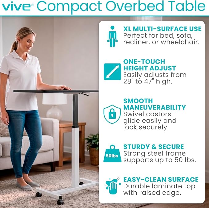 Vive Overbed Table (XL) - Hospital Bed Table - Swivel Wheel Rolling Tray - Image 3
