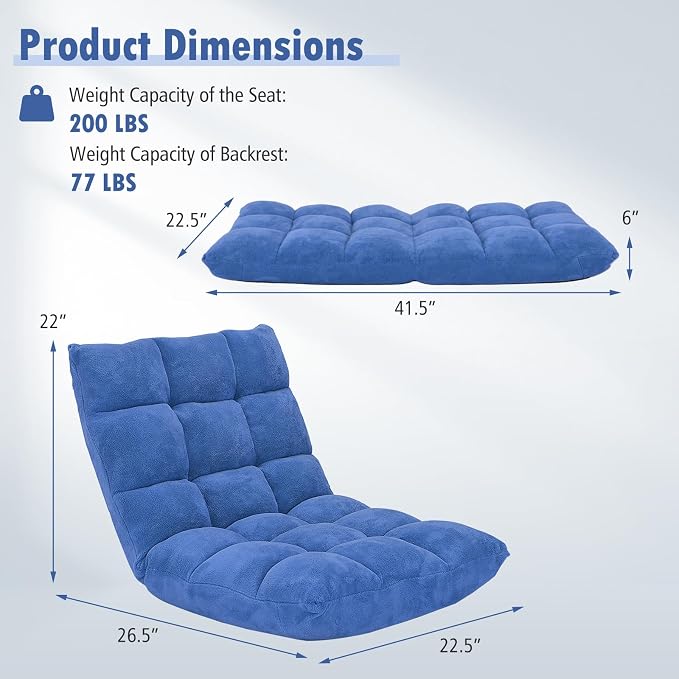 GIANTEX Floor Chairs for Adults, Floor Gaming Chair w/Back Support (Blue) | Coral Velvet, 14 Adjustable Position, Thick Sponge Padding, Floor Seating Lounge for Reading, Watching TV, Meditation - Image 3