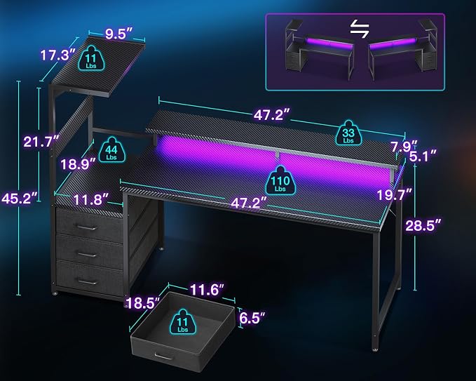 AODK Gaming Desk w/PC Showcase Stand, 59" Reversible, RGB LED, Black - Image 3