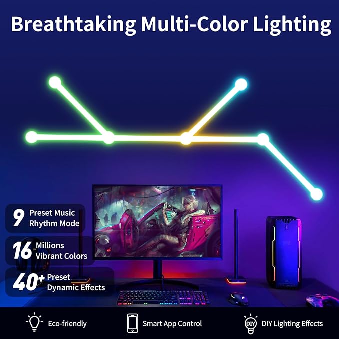 Smart Wall Light Lines, WiFi RGB LED Light Bars, 16M+ Color Dimmable Music Sync DIY Home Decor Light Bars for Gaming Party Streaming Lovers, Work with Alexa & Google Assistant (6 Lines,White) - Image 3