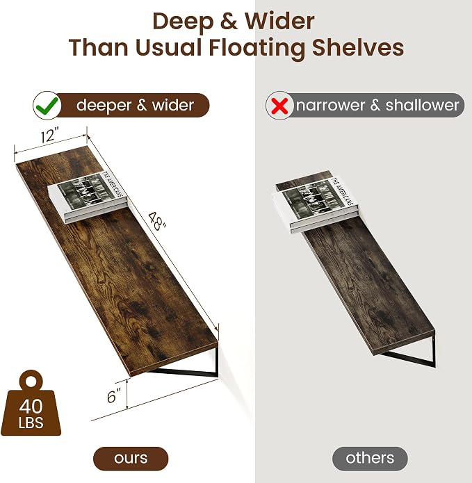 Axeman 12 Inch Deep Floating Shelves for Wall - 48 Inch Wide x 12 Inch Deep Wall Shelves Set of 2 - Rustic Wood Floating Shelves for Living Room - Image 4