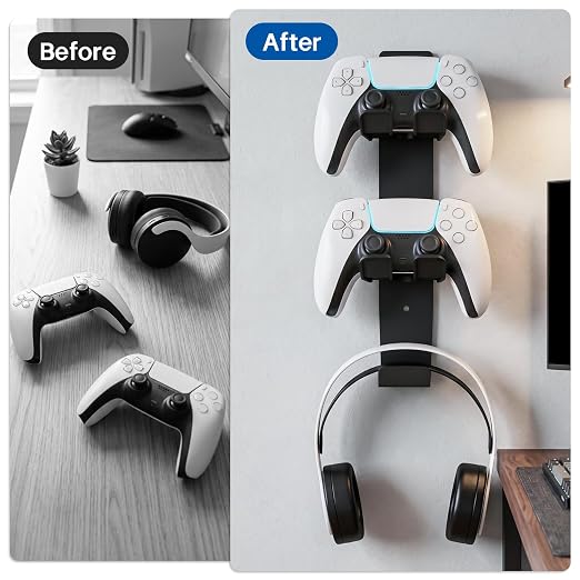 ZYTHRONE Dual Controller Holder Wall Mount, Metal Headset Stand for PS5, PS4, with Adhesive or Screws, Strong Adhesive by Screws, Black - Image 5