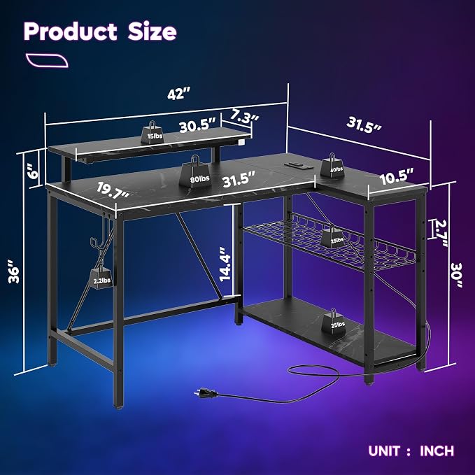 Bestier 42-Inch L-Shaped Gaming Desk with Charging & LED, Marble Black - Image 3