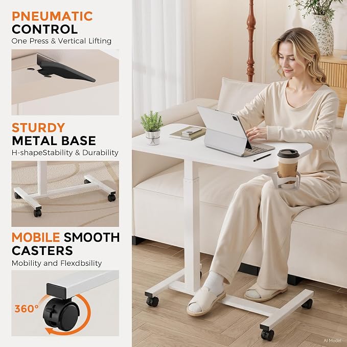 GTPLAYER Small Standing Desk with Lockable Wheels, Pneumatic Mobile Rolling Laptop Desk,Adjustable Height Overbed Bedside Table Computer Workstation for Home Office (28" W x 16" D, White) - Image 6