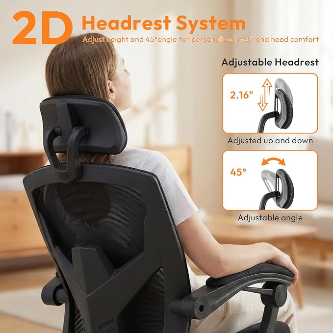 Desk Chair with Foot Rest, High-Back Mesh Office Chair, Classic Black | Reclining Gaming Chair with Headrest and Adjustable Lumbar Support, 90°-130° Reclining, for Home Office and Gaming - Image 9