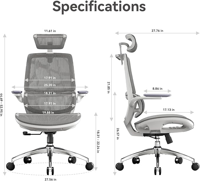 SIHOO M59AS Ergonomic Office Chair, Dual Backrest, Adaptive Lumbar Support | 3D Flip-Up Armrests, FULL Breathable Mesh, Reinforced Aluminum Base, 330 lb, Comfort That Moves With You, Grey - Image 3