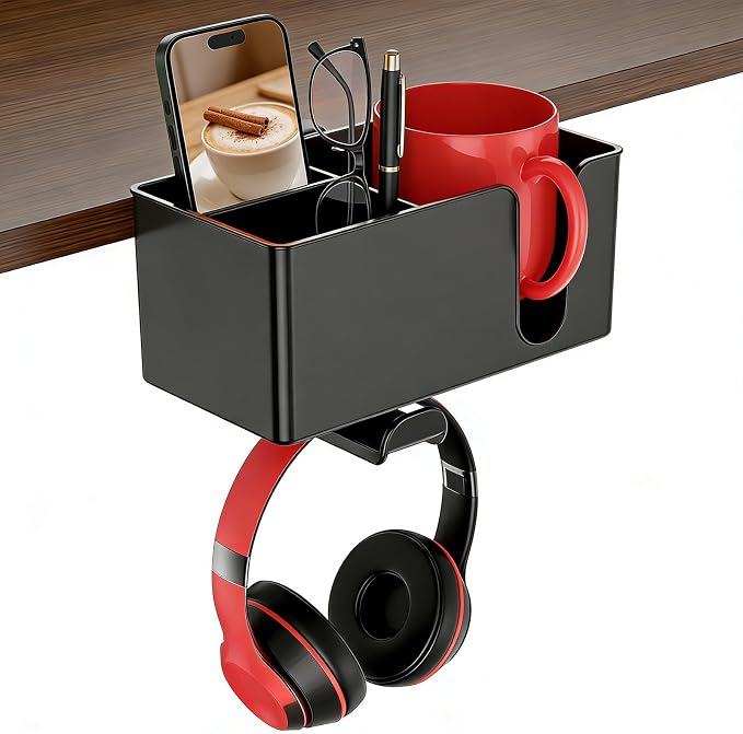 Desk Cup Holder Clamp, Clip On Drink Holder with Rotating Headphone Hanger by MYITYARD
