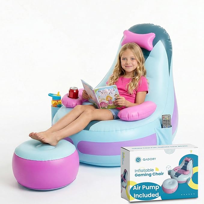 Inflatable Gaming Chair for Kids – Supports Up to 300 lbs, Includes Air Pump, Cup Holder, 2 Pockets – Durable Bean Bag Seat, Comfy Kids Gaming Chair & Top Gamer Chairs for Kid Room by Qadory