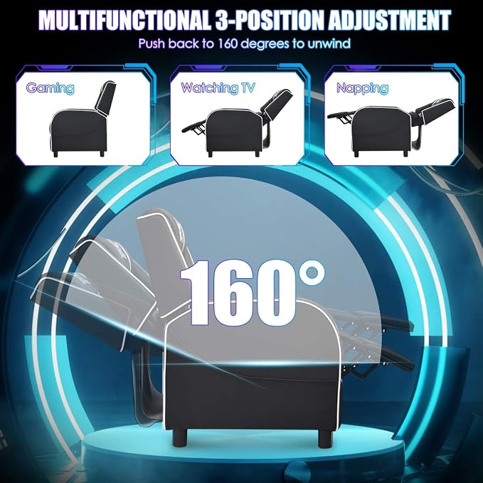 Giantex Gaming Recliner Chair, Adjustable Massage Gaming Chairs for Adults, Ergonomic Comfortable Lounge Leather Sofa w/Footrest, Remote Control, Side Pocket, Racing Style Single Sofa Recliners, White - Image 4
