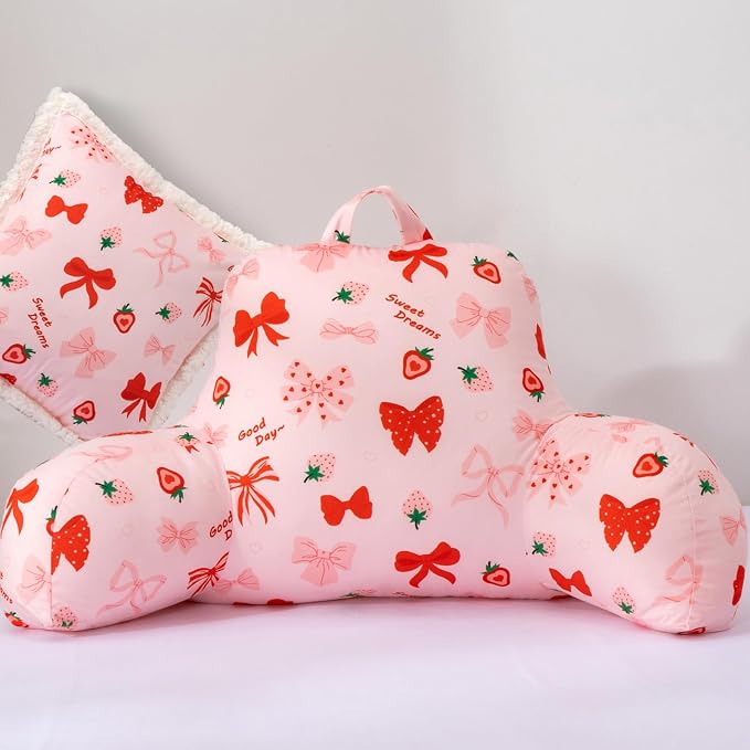 A Nice Night Kids Back Reading Pillow for Reading and Watching TV Bed to Lounge, Cute Ribbon Bowknot Strawberry Printed,with Matching Cushion Cover by ANICENIGHT
