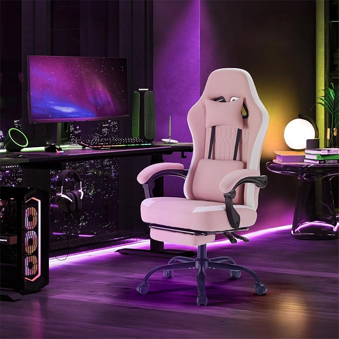 DUMOS Ergonomic Gaming Chair with Footrest, Video Game Chairs | Comfy Lumbar Support, Linkage Armrests, Tech Fabric, Pocket Spring Cushion, Office, Adults Students, Pink - Image 2