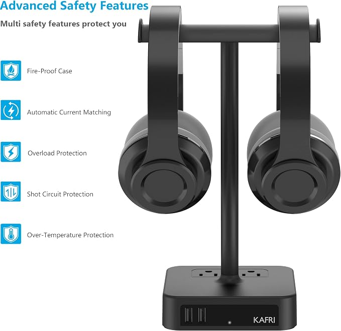 KAFRI Dual Headphone Stand with USB Charger Desk Gaming Double Headset Holder Hanger Rack with 2 USB Charging Port and 2 Outlet - Suitable for Gamer Desktop Table Game Earphone Accessories Gift - Image 4