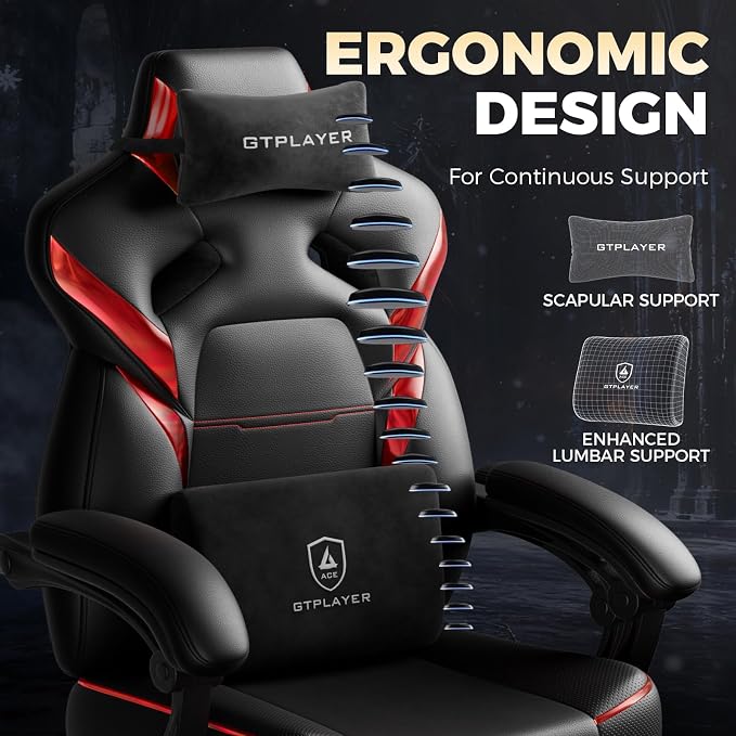GTPLAYER Big and Tall Gaming Chair for Adults, Ergonomic Office Chair with Footrest, Heavy Duty 350 lbs Capacity, High Back, Premium Leather & Iridescent Trim, ACE-Armor, Black & Red - Image 7