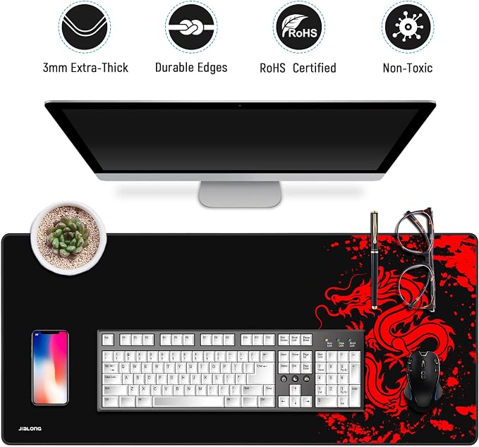 JIALONG Gaming Mouse Pad Large Size 35.4x15.7 inches Extended Desk Mousepad with Personalized Design for Laptop, Computer PC - Red Dragon - Image 5
