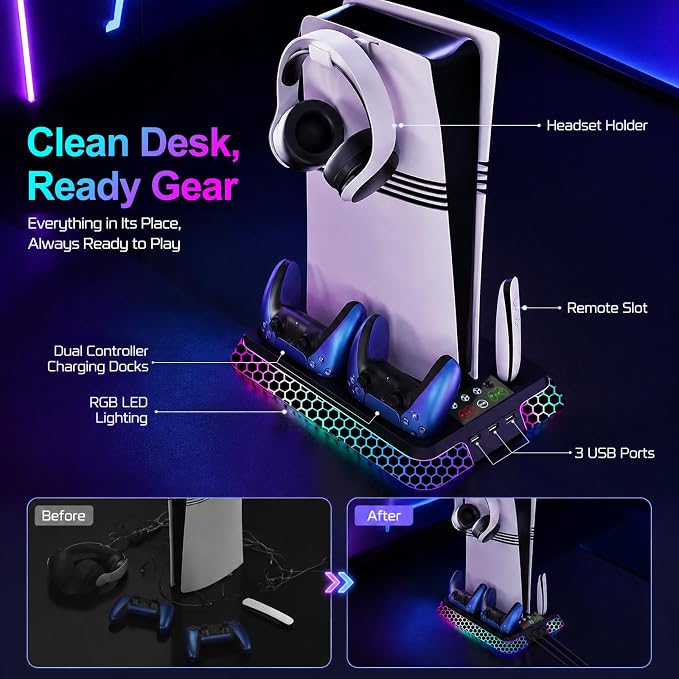 PS5 Stand with Hexagon RGB Aesthetics,PS5 Cooling Station for PlayStation 5 Slim Pro Disc Digital Console with Cooling Fan,Dual Controller Fast Charger USB Hub Headset Holder Game Storage (Black) - Image 6