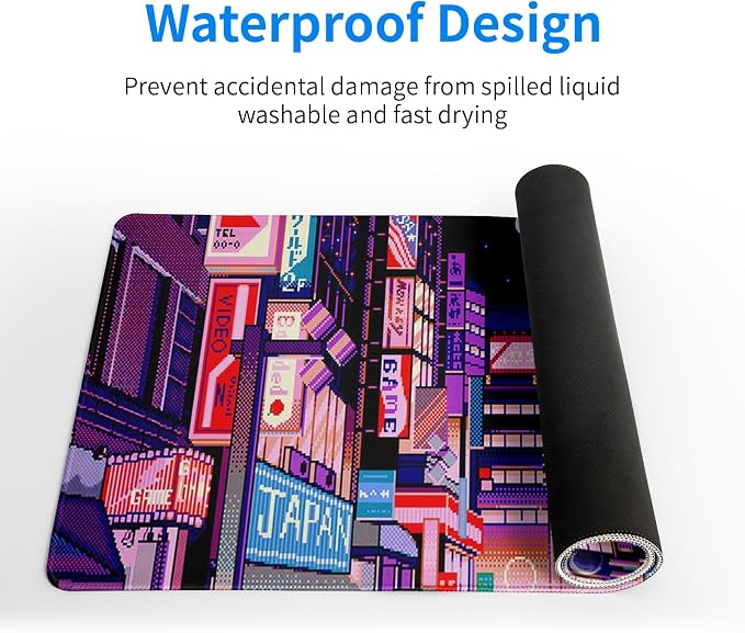 Dark Purple Japanese Gaming Mouse Pad Abstract Anime Mat 27.6x11.8 Inch Tokyo Pixel Street Texture Non-Slip Rubber Base Kawaii Mousepad Stitched Edges Keyboard Desk Pad for Office and Home Game - Image 4