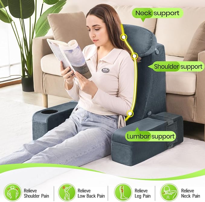 19 INCH Reading Pillow for Adults, Back Pillow for Bed Sitting Up, Backrest Pillow for Sitting in Bed, Detachable Arms with Built-in Cup & Phone Caddy (Dark Gray, 19 INCH) - Image 5
