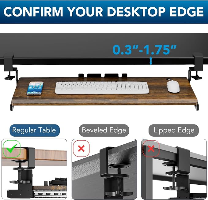 AX WABER Keyboard Tray Under Desk Pull Out with Extra Sturdy C Clamp Mount System, 32.8 (38 inch Including Clamps) x 12 Inch Slide-Out Platform Computer Drawer for Typing Vintage AX01WG202 - Image 7