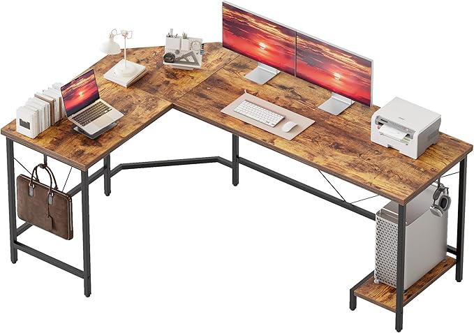 Mericonia 67 inch L Shaped Desk with CPU Stand, Large Corner Gaming Desk | Simple Computer Desk with 2 Hooks, Office Table for Home Bedroom Study Work Writing, Brown by MERICONIA
