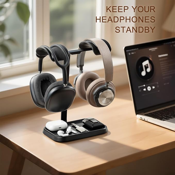 Dual Headphone Stand, Double Balanced Headset Stand with Storage Tray, Heavy Base Gaming Headset Holder for Desk (Black) - Image 2