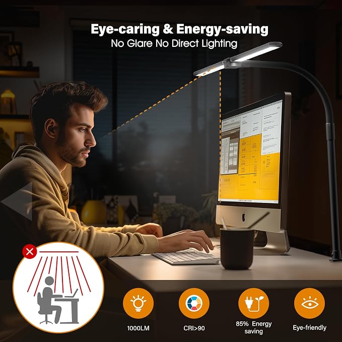 SIBRILLE LED Desk Lamp for Home Office - Dimmable Computer Desk Light with Clamp, Modern Architect Task Lamp with Color Changing, Flexible Desktop Lamp with Gooseneck for Monitor, Double Head, Black - Image 6