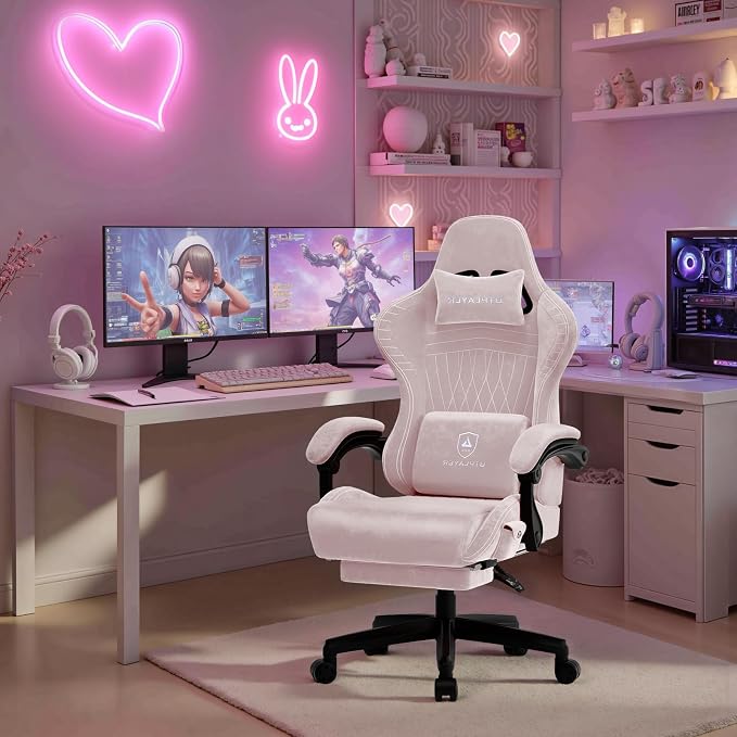 GTPLAYER ACE-PRO Music Gaming Chairs – Built-in Speakers, App Support & Bluetooth Control, Computer Game Chairs with Footrest for Adults, Ergonomic Reclining Silla, Linkage Armrest, Pink 【Velvet】 - Image 2