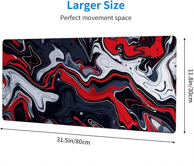 Red Marble Fluid Gaming Mouse Pad Desk Pad Abstract Black White Mousepad XL Large Gaming Mouse Pad Laptop Keyboard Mat Desk Pad Office Home Decor for Women Girl 31.5"x11.8" - Image 2