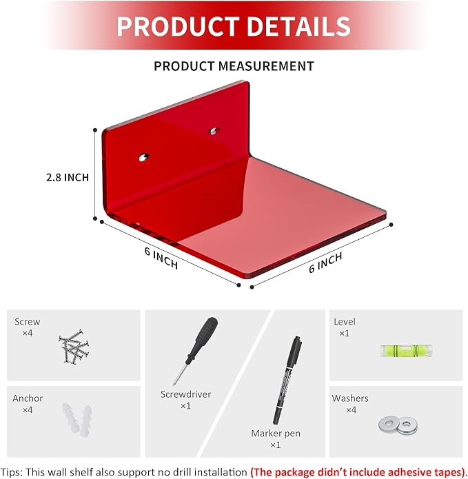 Sezanrpt 6 Inches Acrylic Small Wall Shelves, Red Floating Shelf for Wall Mounting, Acrylic Display Ledges for Funko Pop Figures, Home Décor, Living Room, Gaming Room, Plants, 2 Pack - Image 2
