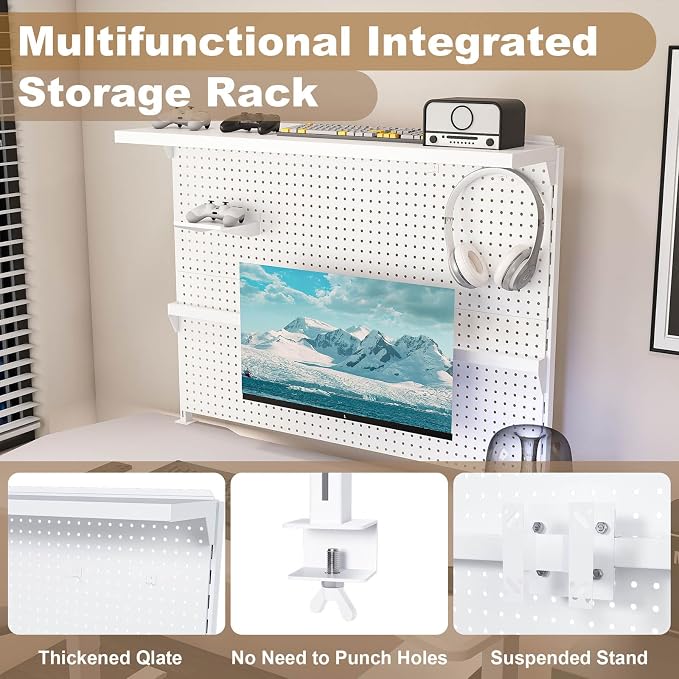Majnesvon Clamp On Pegboard-Metal Office Pegboard Organizer with Monitor Stand, Peg Board Gaming for Desk with Hooks & Movable Partition, Office Storage Shelf for Workstation Setup (White 43x35 Inch) - Image 6
