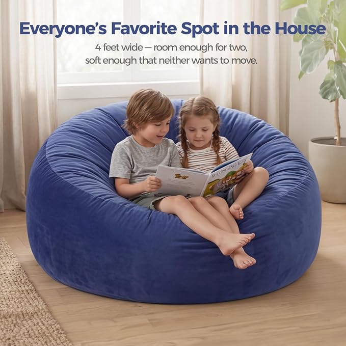 ACH 4ft Bean Bag Chair for Adults, Large Oversized Memory Foam Floor Chair, Machine Washable Velvet Cover, Living Room and Bedroom, (Blue,Large) - Image 6