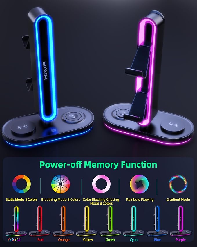 Headphone Stand, Dual Controller Holder, MagSafe Charger for iPhone/iWatch | RGB Gaming Headset Stand for All Headphones, Dual Outputs, ABS Solid Base, Adapter Included, Table Desk Organizer - Image 3