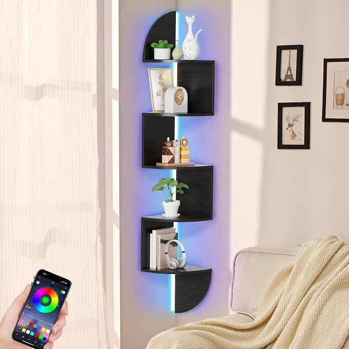 Waipfaru Corner Shelf, 5 Tier Bookshelf with LED Light, Corner Shelf Wall Mounted, Floating Shelves for Wall, Display Stand for Bedroom, Living Room, Bathroom, Home, Office, Black by Waipfaru