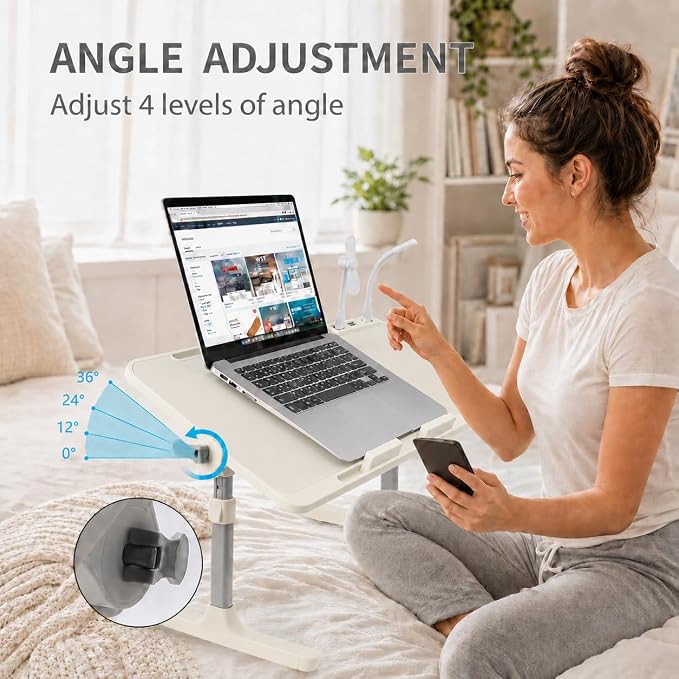 Laptop Desk for Bed, Height & Angle Adjustable Lap Desk with USB Cooling Fan, LED Light and USB Ports, Foldable Portable Laptop Table for Couch, Sofa, Floor, Reading, Writing (Gray) - Image 4