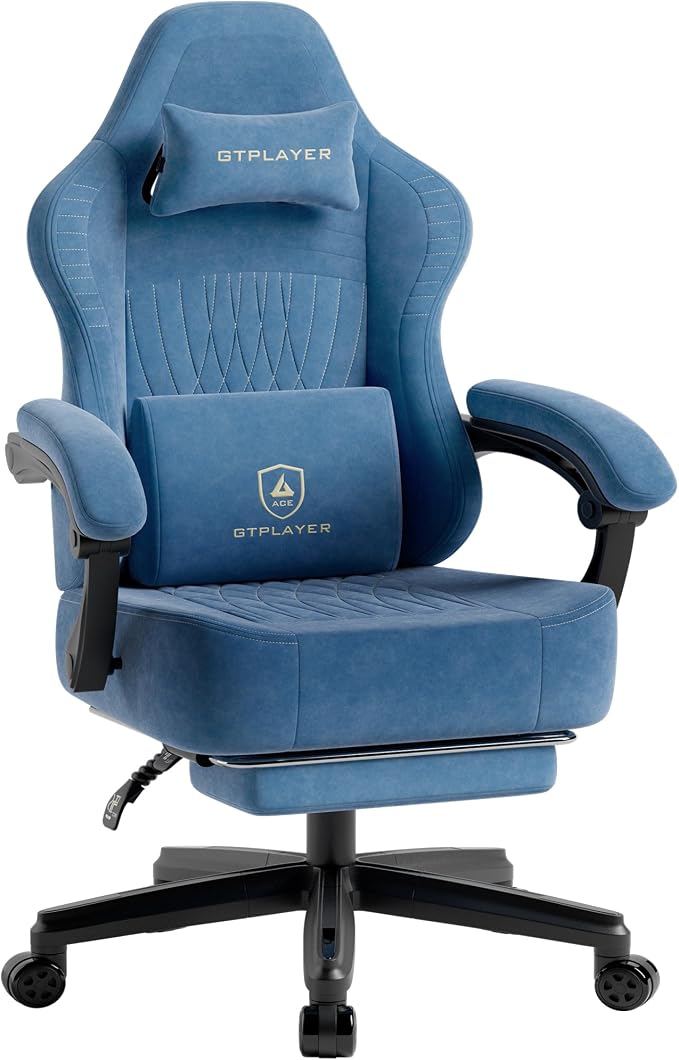 GTPLAYER Gaming Chair, Video Game Chairs with Footrest, PC Gamer Chairs for Adults - Padded High Back Ergonomic Reclining Silla Gamer, Linkage Armrest, Ace Pro, Blue (Velvet) by GTPLAYER