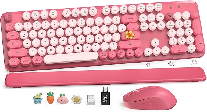 Wireless Keyboard and Mouse Combo, Round Keycaps, Magnetic Wrist Rest, Pink by SABLUTE