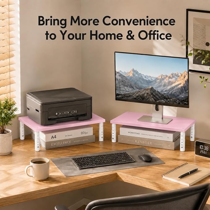 OPNICE Adjustable Monitor Stand Riser for Desk, Wood Computer & Laptop Stand, Desk Organizers and Accessories, Office Desk Accessories & Workspace Organizer for Home Office Supplies, Pink - Image 5