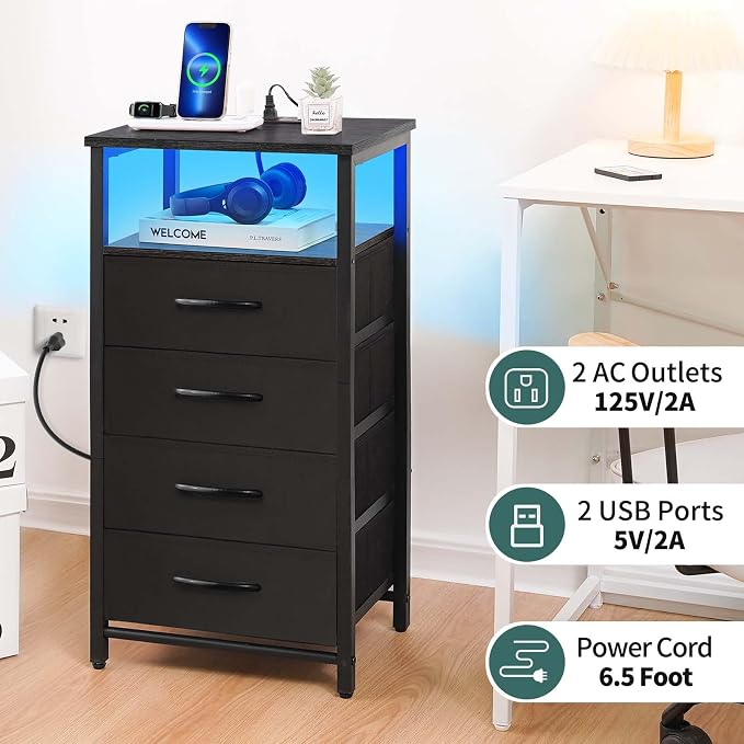 Yoobure Night Stand - Black Nightstand with Charging Station, Small Dresser - Image 6