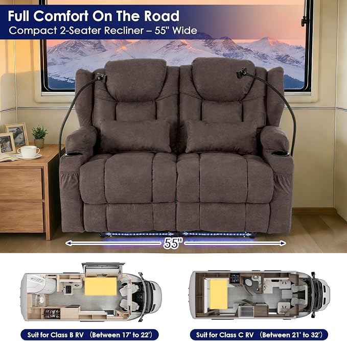 Redlife Power Loveseat Recliner Sofa with Blue LED Base Lights - Image 7