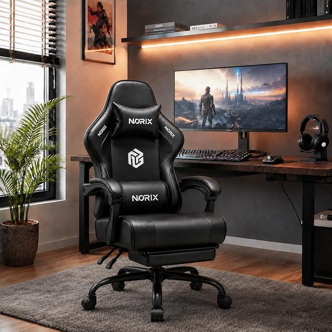 Video Gaming Chair for Adults with Footrest, Ergonomic Computer Chair,Black | 21-Inch Wide Seat, 330 lb Heavy Duty Load Capacity, Headrest, Adjustable Height, Reclining Backrest for Office or Gaming - Image 2