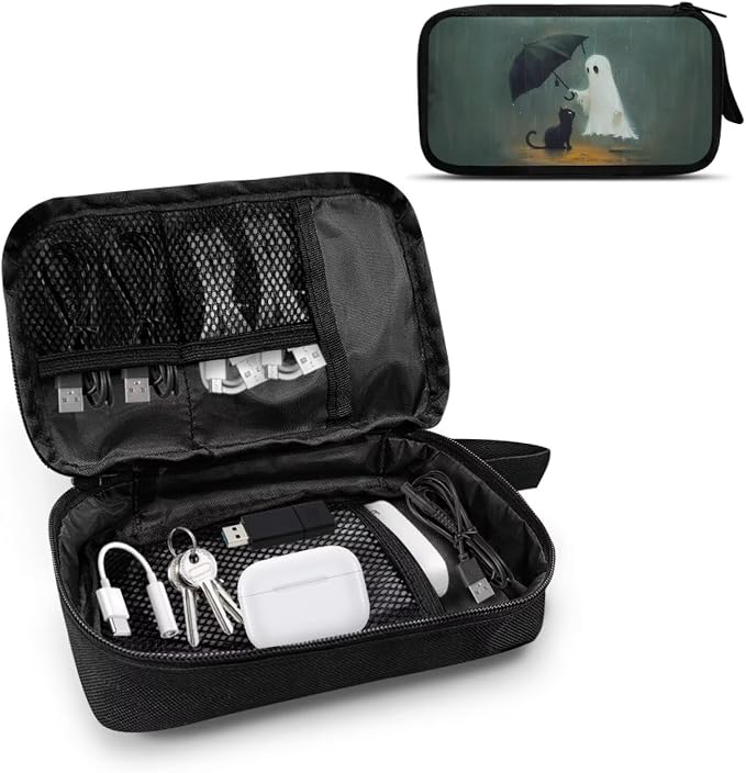 Halloween Ghost and Cat Print Electronic Organizer Travel Organizer Bag Electronics Accessories Cases Storage Bag Waterproof for Cable USB SD Card Power Bank Earphone - Image 2