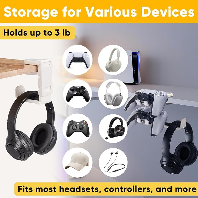 3-in-1 Under Desk Headphone Hanger with Adjustable Clamp Mount, 2 Controller Slots & 1 Headset Universal Holder Stand, Rotatable Hook Rack & Cable Organizer, for Home Gaming Xbox ps5 - White - Image 2