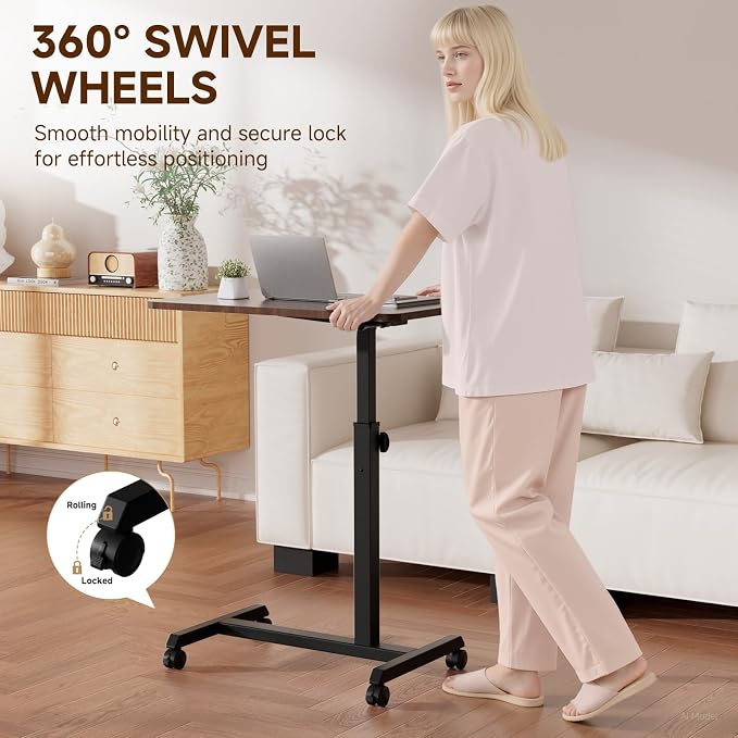 GTPLAYER Small Standing Desk, 24 Inches Foldable Mobile Rolling Laptop PC Table with Lockable Casters, Adjustable Height Overbed Bedside Table Computer Workstation for Home Office, Dark Brown-Foldable - Image 8