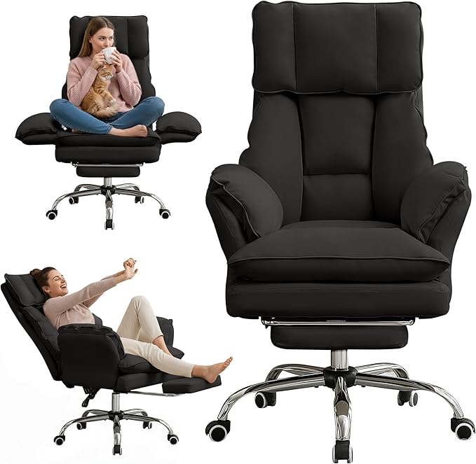 JOMEED Cloud Cross Legged Office Chair with Footrest and Flip Armrest,Black | Ergonomic Leather Big and Tall Executive Chair with Wheels,155° Reclining Computer Wide Desk Chair for Home,Office by JOMEED