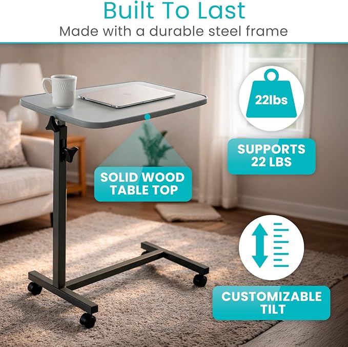 Vive Overbed Hospital Bed Table for Home Use - Adjustable Swivel Wheels - Image 6