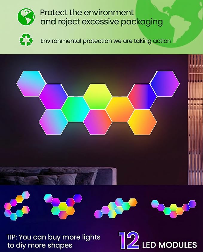 NIUCOO 12 Pack Hexagon LED Lights Panels – Smart RGB Wall Lights with APP/Remote & Music Sync, DIY Modular & Gaming Room Decor, Wall LED Panels Lights for Bedroom - Image 3