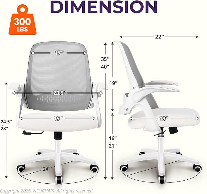 NEO CHAIR Office Desk Chair, Ergonomic Mesh with Flip-Up Armrests, Ivory | Lumbar Support, Height Adjustment, 360° Swivel and Rolling Base, Space-Saving Design for Home Office, Vanity or Study - Image 2