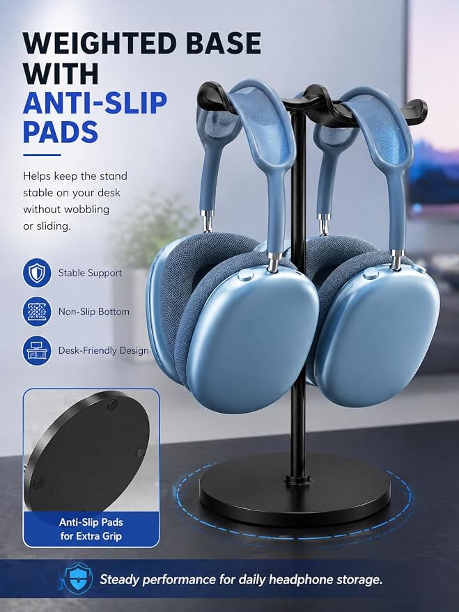 NQQNQQ【1PACK Aluminum Dual Headphone Stand for Over-Ear Gaming Headsets – Heavy Base Holder Compatible with Beats, Bose, ATH, AKG. DJ-O (Black) - Image 4