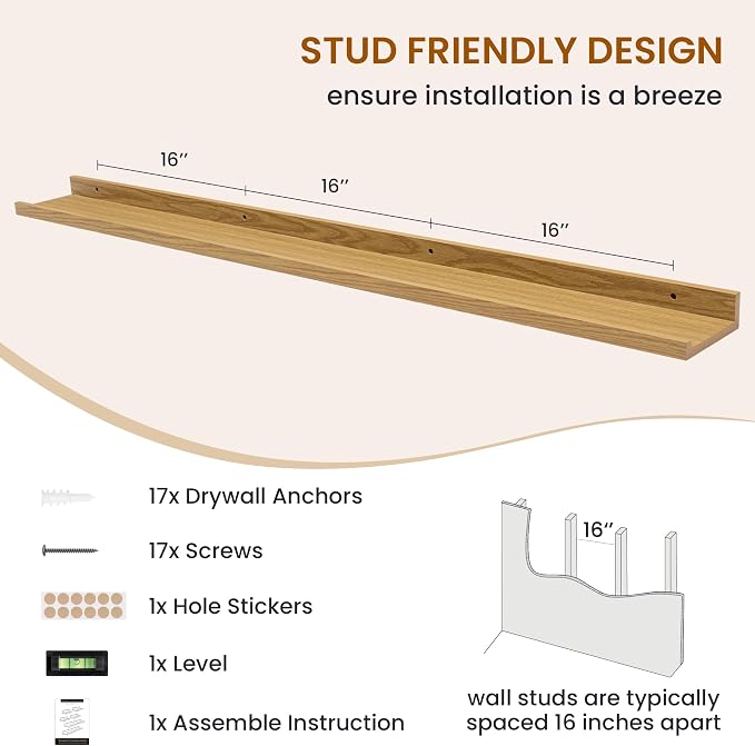 Picture Ledge Shelf, Floating Shelves for Wall Decor, Oak, Set of 6, 55'' - Image 5