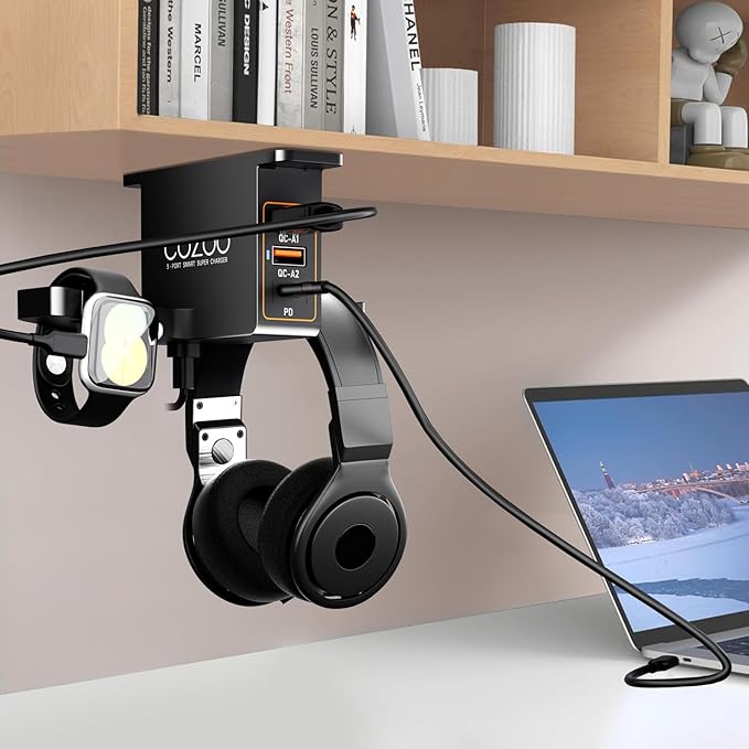 cozoo Desk Headphone Holder Hook Headset Watch Cable Bag Storage Black | 2 USB-A & 1 Type-C Ports; Holds Headphones,Watches, Cables, Various Bags,Multifunctional Desk Storage Hook for Gaming Office - Image 2