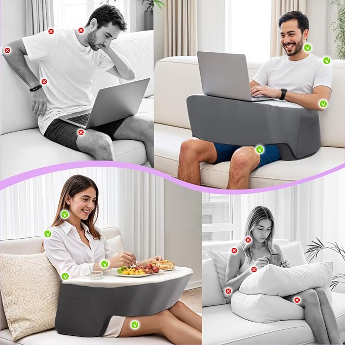 Ergonomic Lap Desk Pillow with Cooling Memory Foam – Gaming Cushion for Bed, Laptop Support, and Reading Pillow with Armrest for Comfort at Home, Office, or Travel (Grey) - Image 2